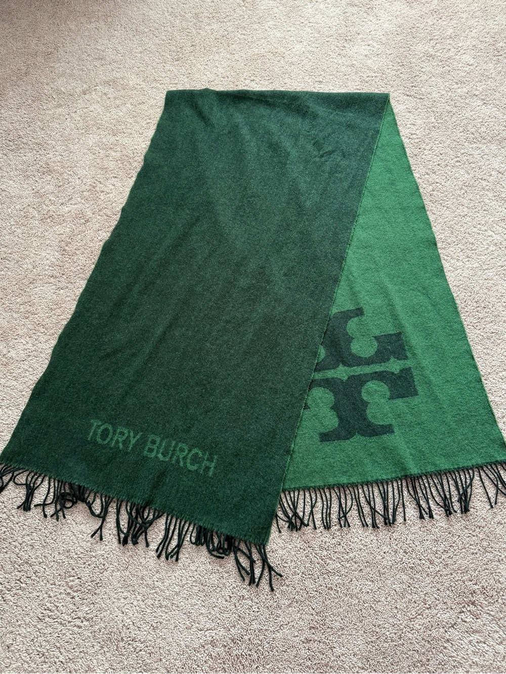 Tory Burch Two-Tone Green Logo Fringe Scarf